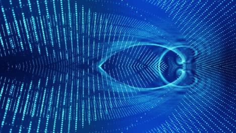 fondo de ciencia ficción con ondas de partículas. bucle de 4k fondo azul abstracto de partículas de brillo forman líneas curvas, superficies estructuras de espejo simétricas. fondo de holograma digital con partículas