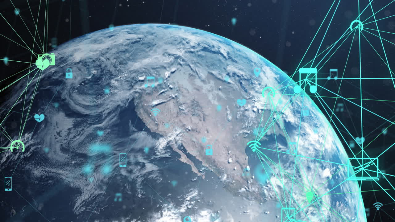 파란색 바탕에 전 세계에 있는 아이콘으로 연결된 네트워크의 애니메이션