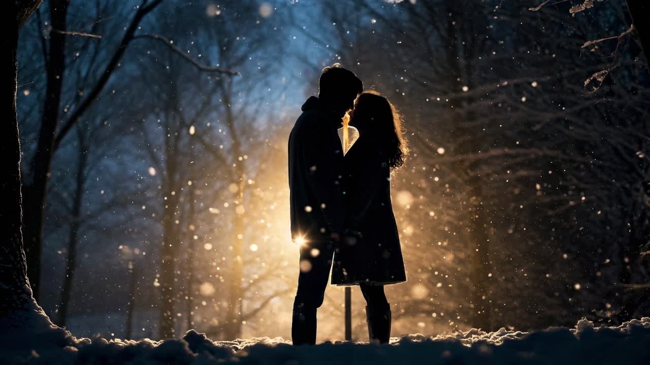 Silhouetted couple in a snowy forest, backlit by warm light, creating a romantic video scene