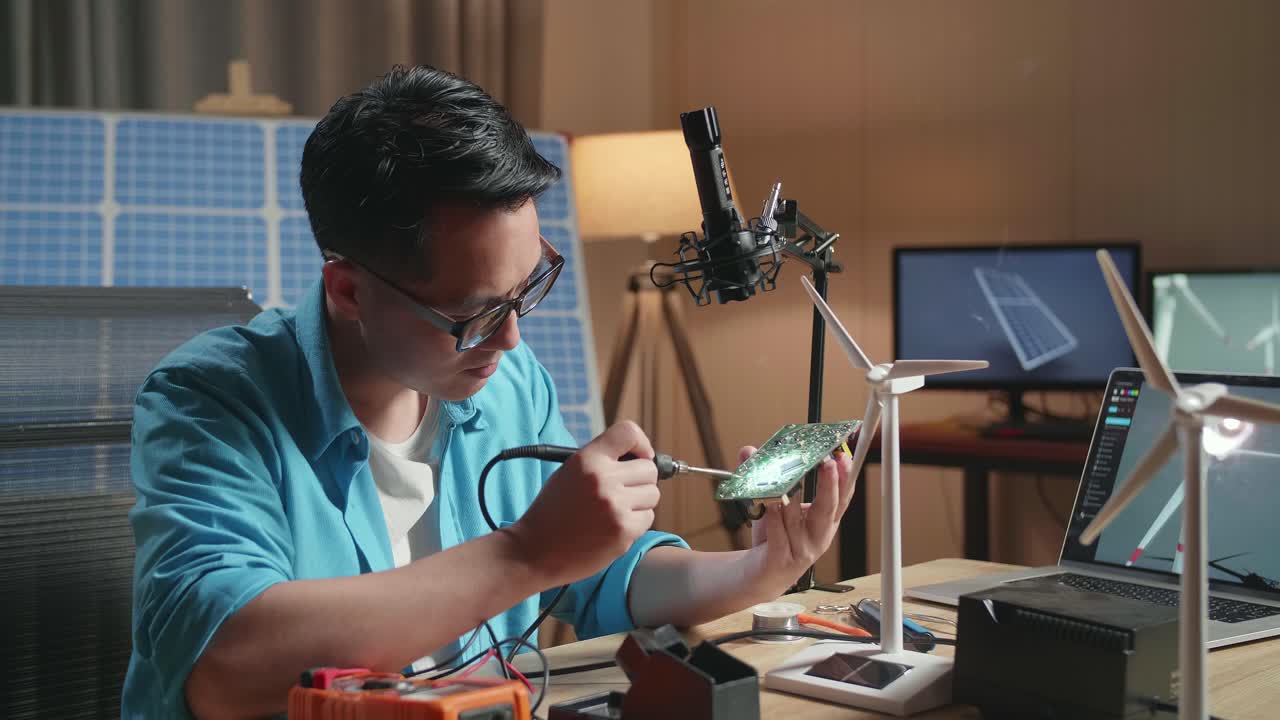 hombre asiático con turbina eólica arregla la placa de circuito mientras trabaja con una computadora portátil junto a la célula solar en la oficina
