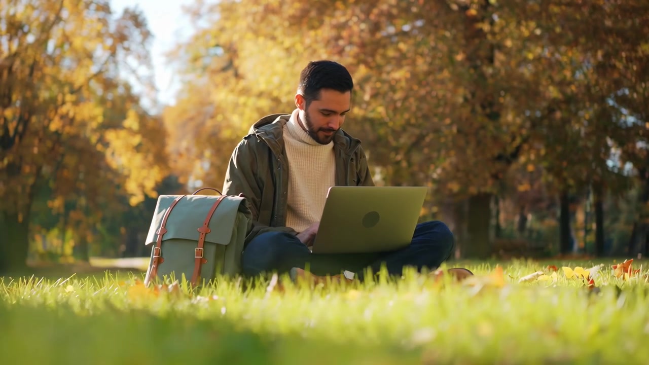 Ung mann jobber på laptop i høstpark