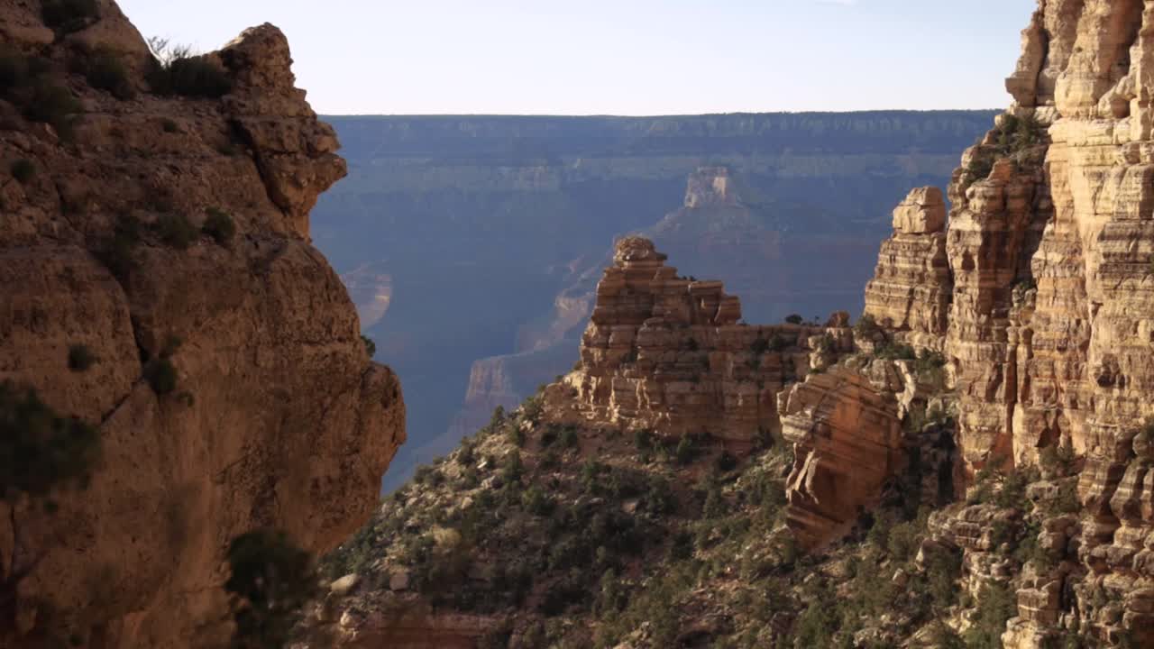 Grand Canyon below the rim at sunset, looking at cliffs toward the north rim.