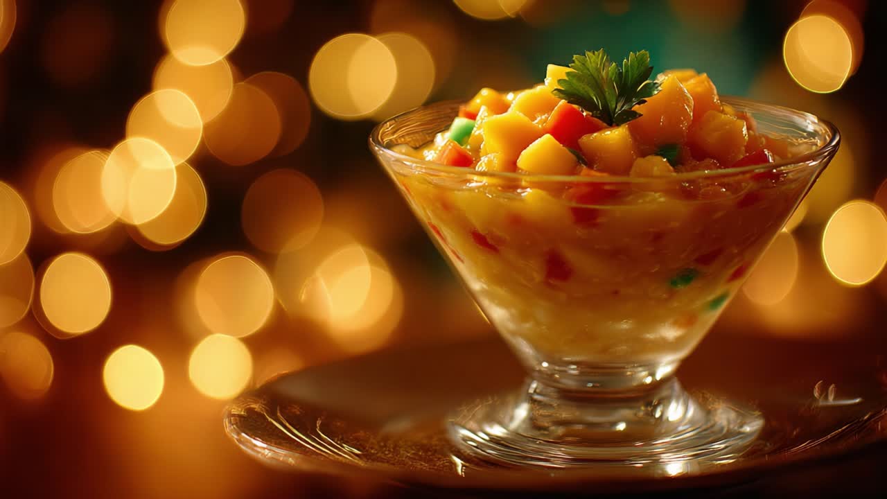 A Colorful Fruit Salad Dessert in a Glass Bowl, Garnished with Fresh Herbs, Set Against a Dreamy Bokeh Background of Glimmering Lights, Perfect for Celebrations