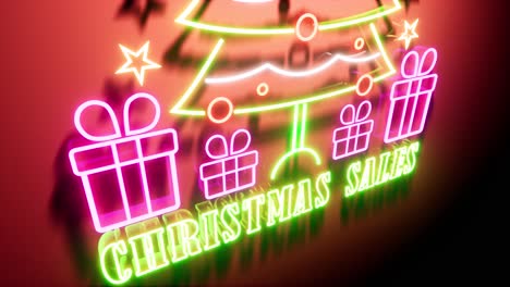 christmas sales neon sign with neon christmas tree, ornament balls, and presents, with neon colorful lights changing colors, 3d animation camera zoom out