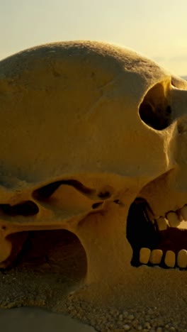 sand skull sculpture on beach at sunset