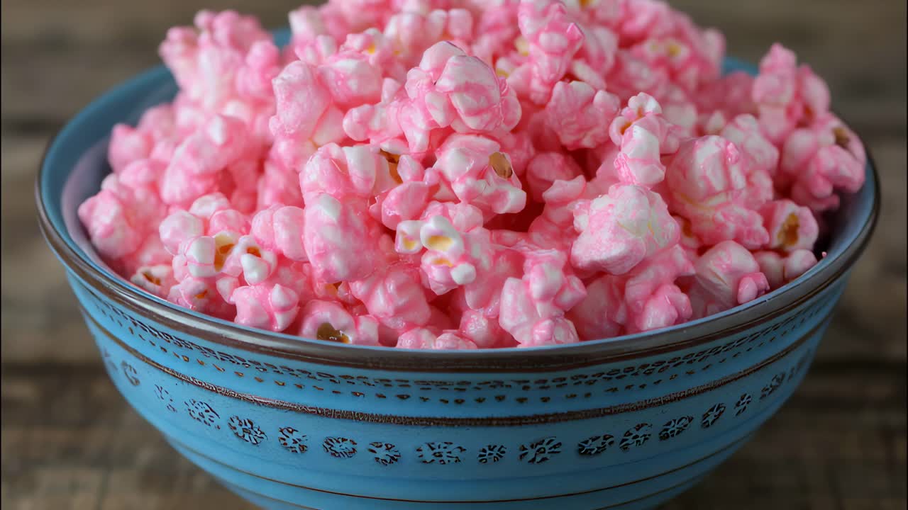 Pink popcorn overflowing from a beautifully decorated blue bowl, resting on a rustic wooden table, creating a vibrant and enticing snack perfect for movie nights or celebrations