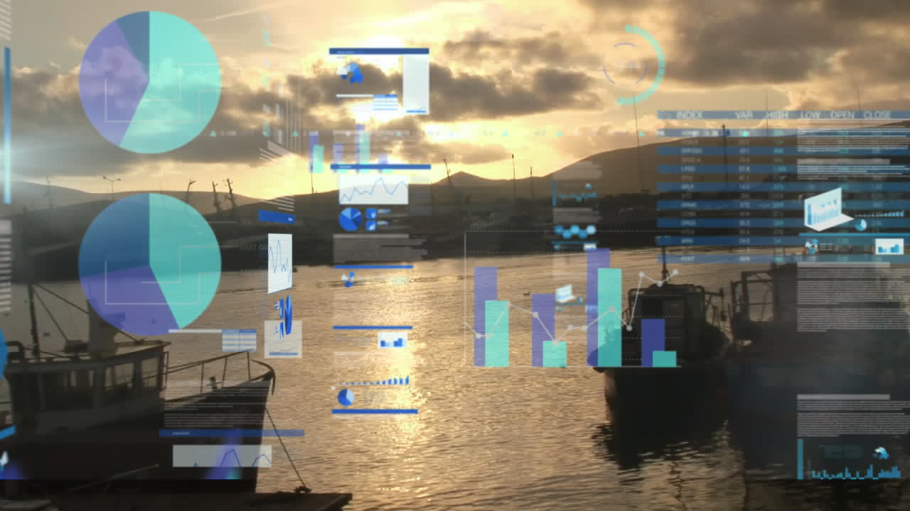 Animation of statistics and data processing over boats and lake