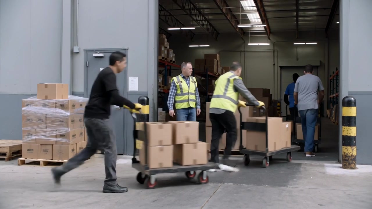 Personale i hi-vis tøj skubber fyldte vogne gennem en åben bugt, hvor en leder signalerer for modtagelse.