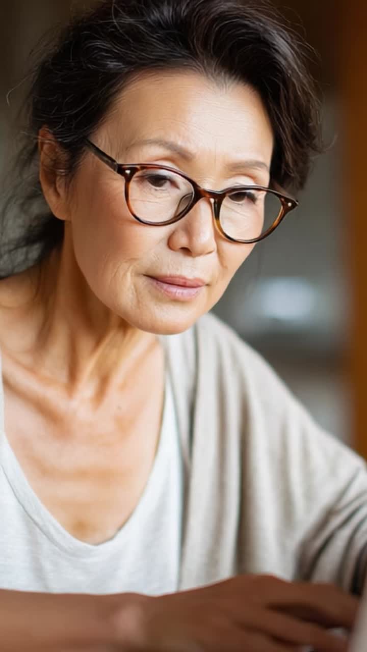 A contemplative elderly woman with glasses engaged in thoughtful activity, showcasing reflections of wisdom and experience in her focused demeanor