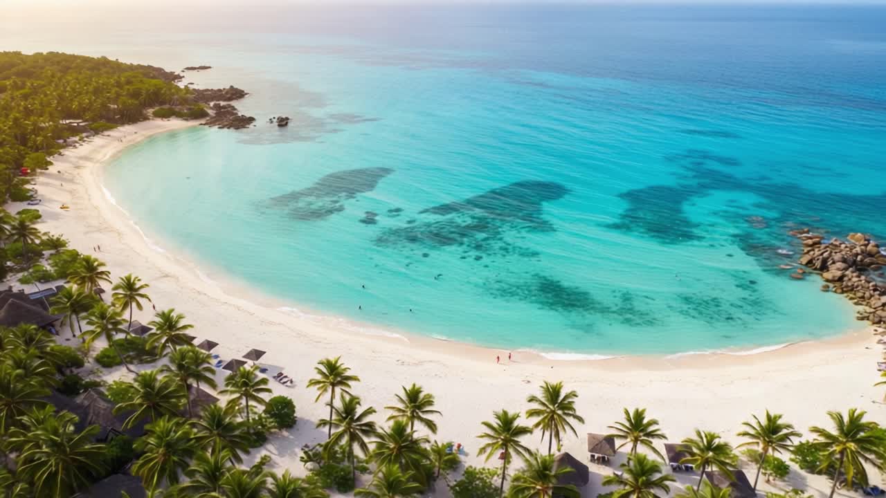 Breathtaking Aerial View of a Serene Tropical Beach with Clear Turquoise Waters, Lush Palm Trees, and Soft Sandy Shoreline Inviting Relaxation and Adventure