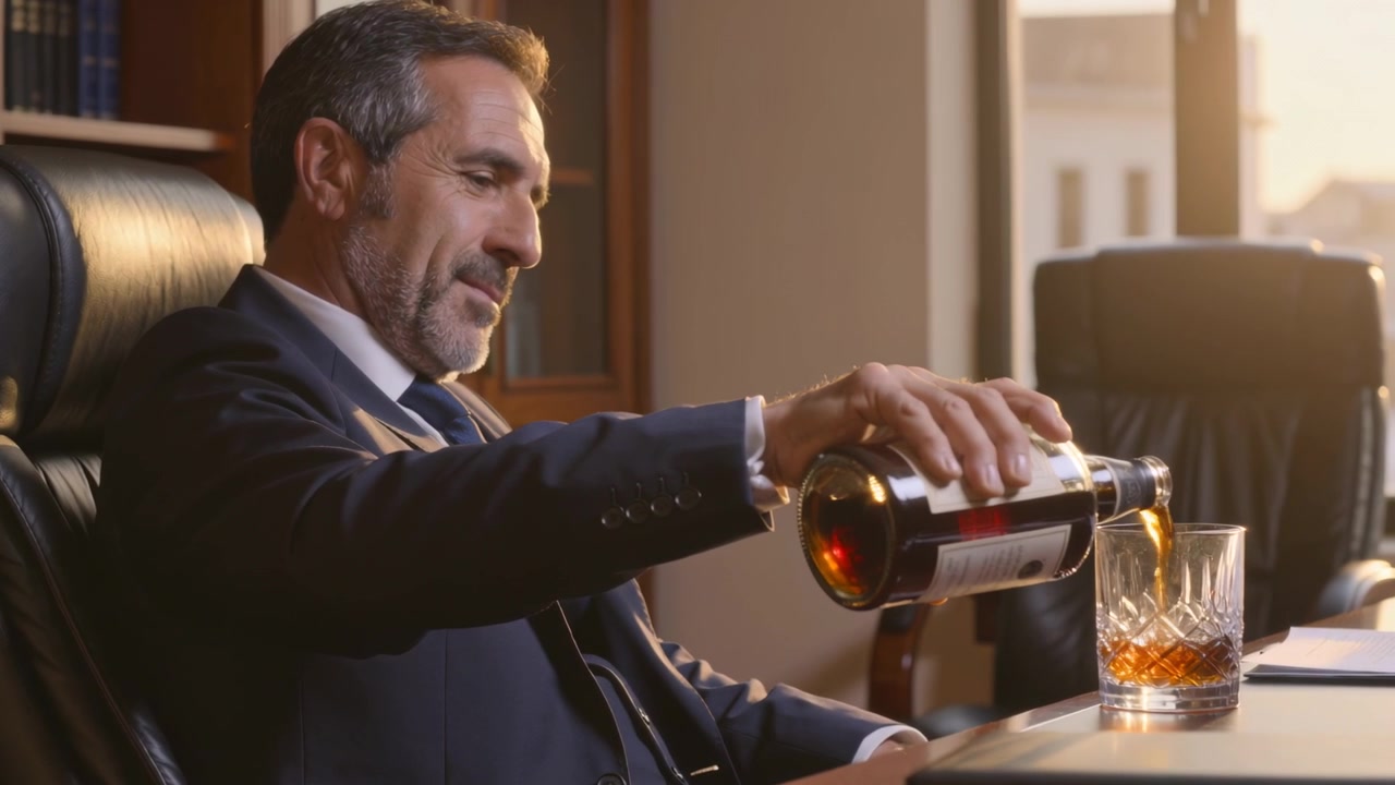 Uomo in abito che si china, sollevando una bottiglia e versando whisky in un bicchiere di cristallo su una scrivania riflettente, con spazio per il testo.