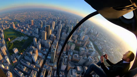 helicopter view of a city at sunrise/sunset