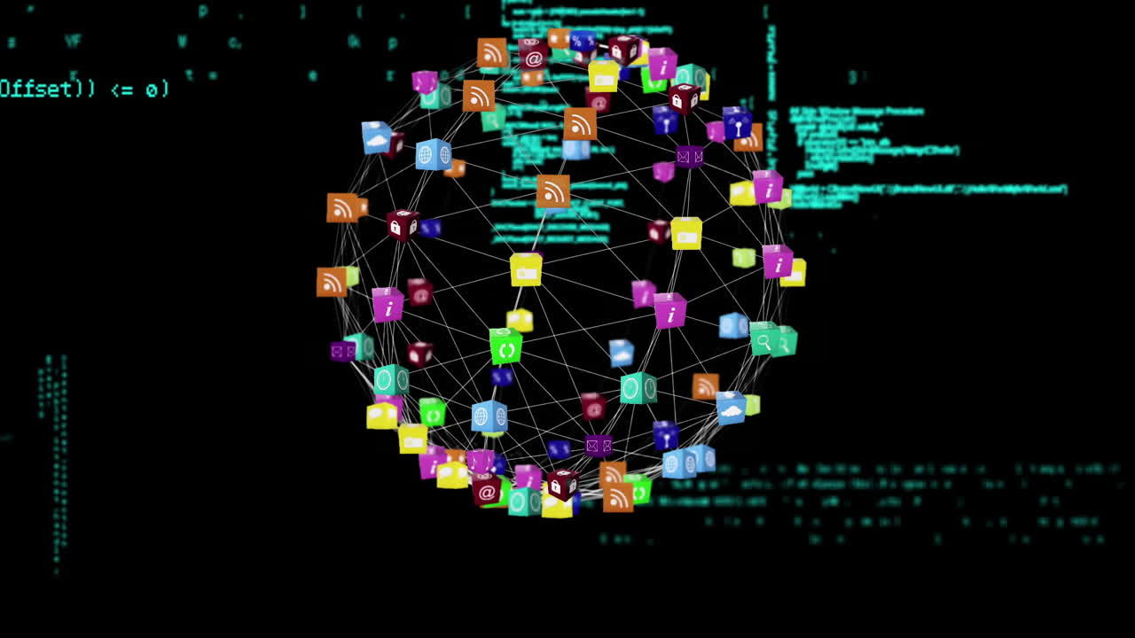 Network of social media icons forming sphere, data processing animation