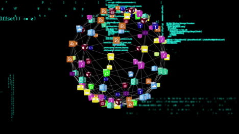 Network of social media icons forming sphere, data processing animation