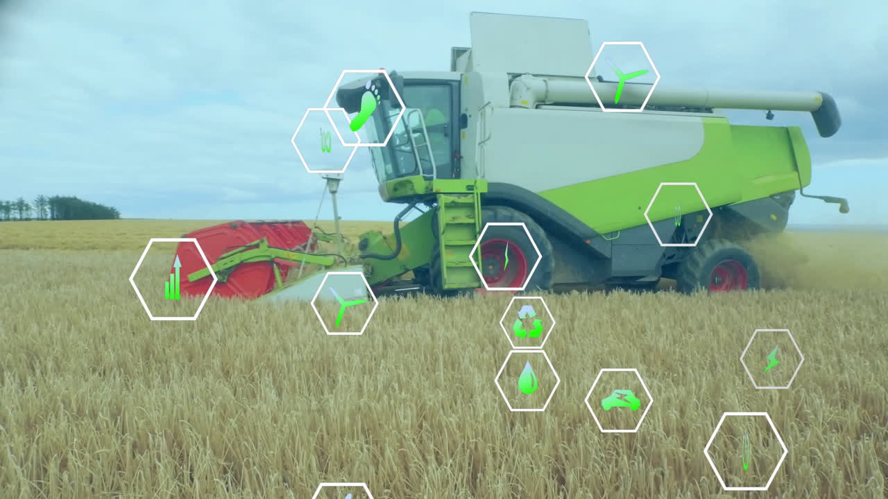 Combine harvester moving through wheat field in flat design, showing cutting header action
