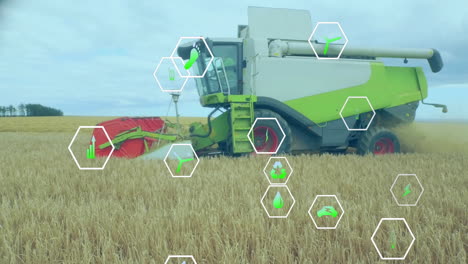 combine harvester moving through wheat field in flat design, showing cutting header action