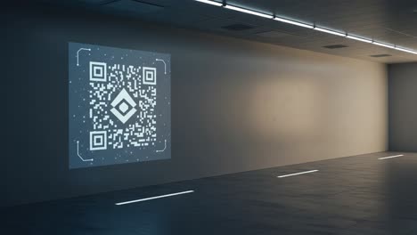 a modern digital environment featuring a projected qr code on the wall, illuminated by subtle lighting, creating an innovative space for technology interaction