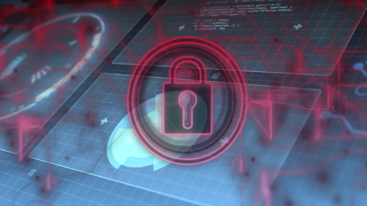 Animation of red padlock on digital grid with abstract shapes in background