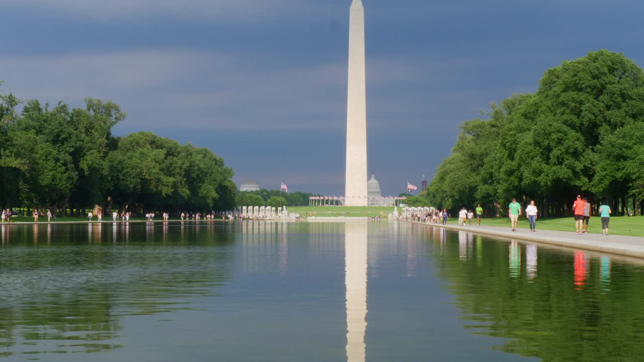The reflecting pool at the national mall seeing the Washington Monument.