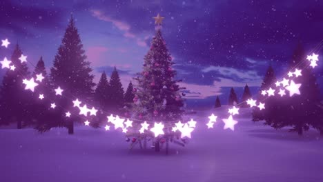 Animation-of-strings-of-glowing-christmas-fairy-lights-and-christmas-tree