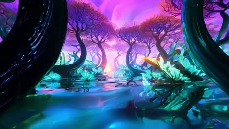 camera movement reveals a magical forest filled with surreal trees and glowing plants, creating an enchanting atmosphere