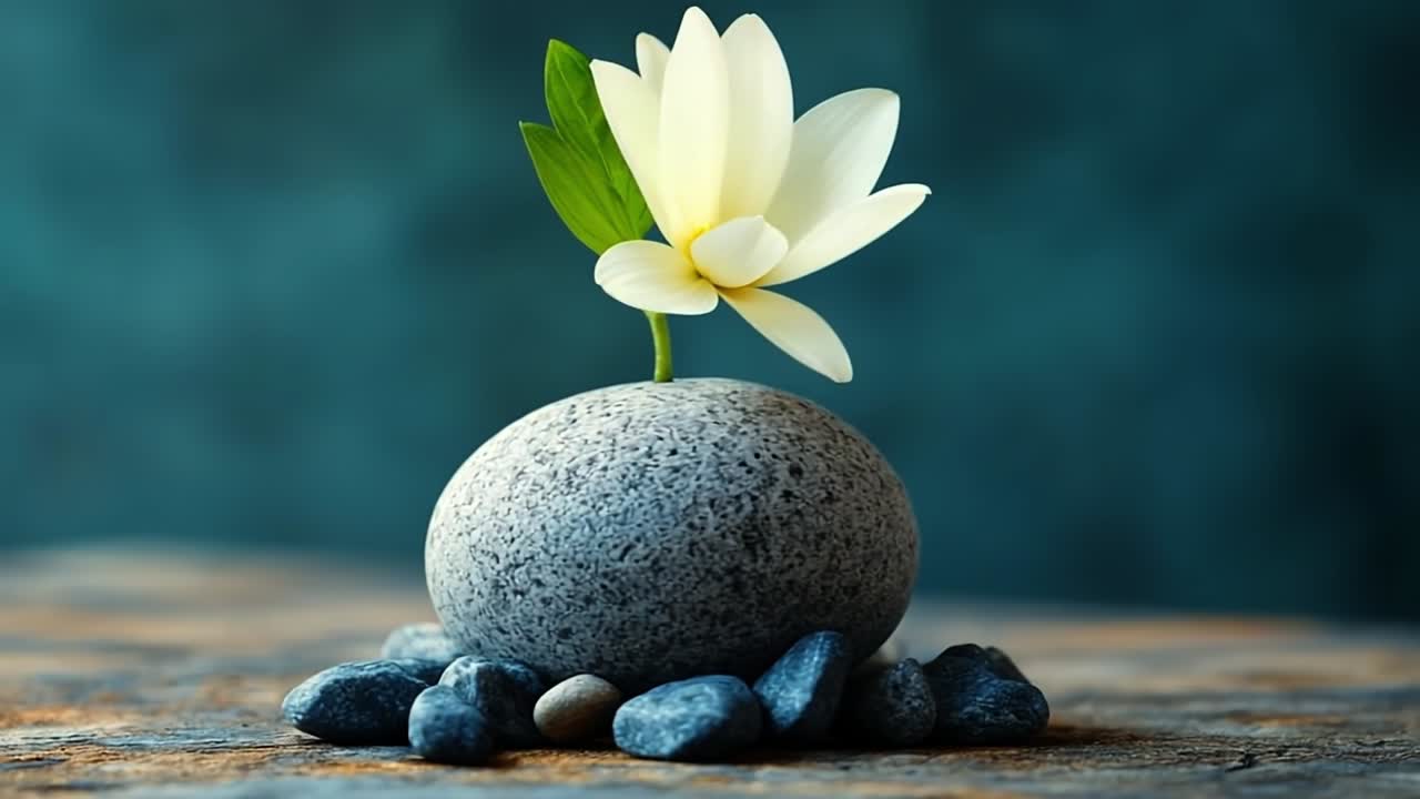 Flower blooming from a stone on a table. A delicate white flower emerges from a smooth stone, surrounded by small pebbles on a textured table surface.