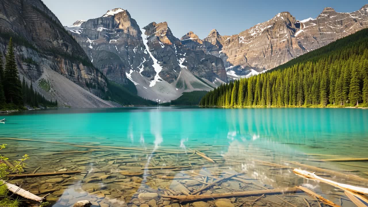 Captivating Reflection of Majestic Mountains and Lush Forests in Crystal-Clear Waters of a Serene Lake Captured in Two Frames