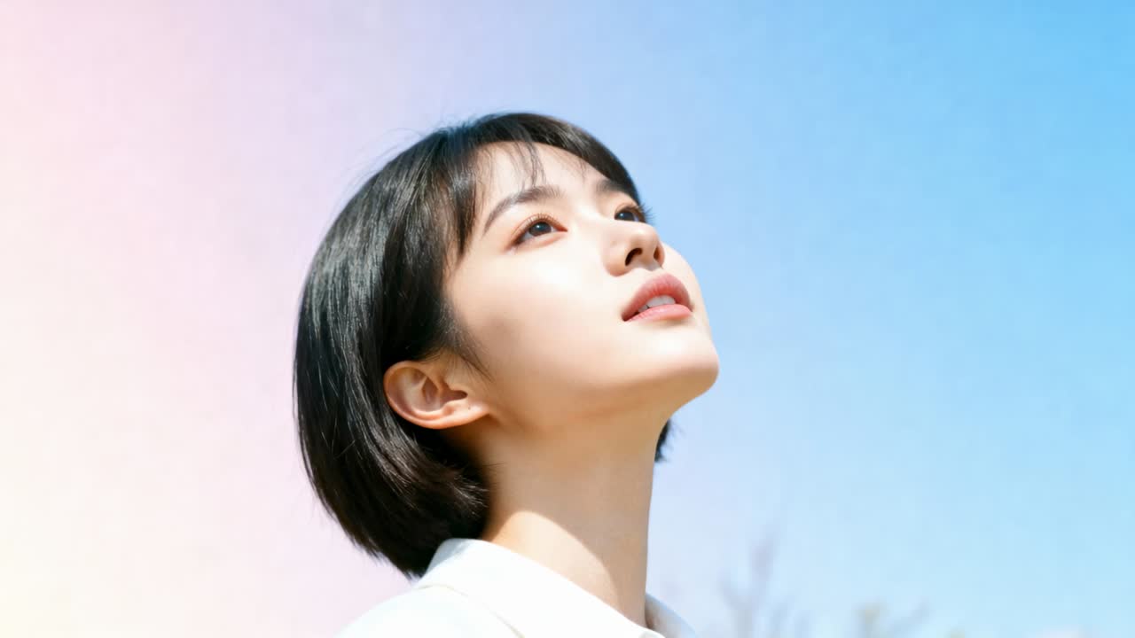 Tilting Asian woman seeking sunlight at park, closing and opening eyes and wearing white shirt