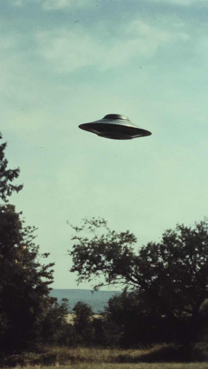 Unidentified flying object hovering in the sky over a countryside landscape with trees and sea in the background, evoking mystery and extraterrestrial presence