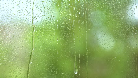 nature water rainfall, rain drops texture on window glass, blurred green trees