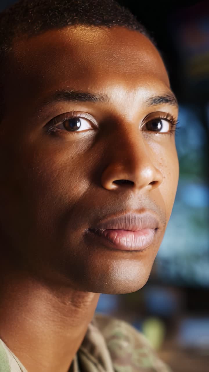 A Close-Up Portrait of a Focused Individual with Intense Expression in a Softly Lit Background, Exuding Confidence and Strength in Their Gaze