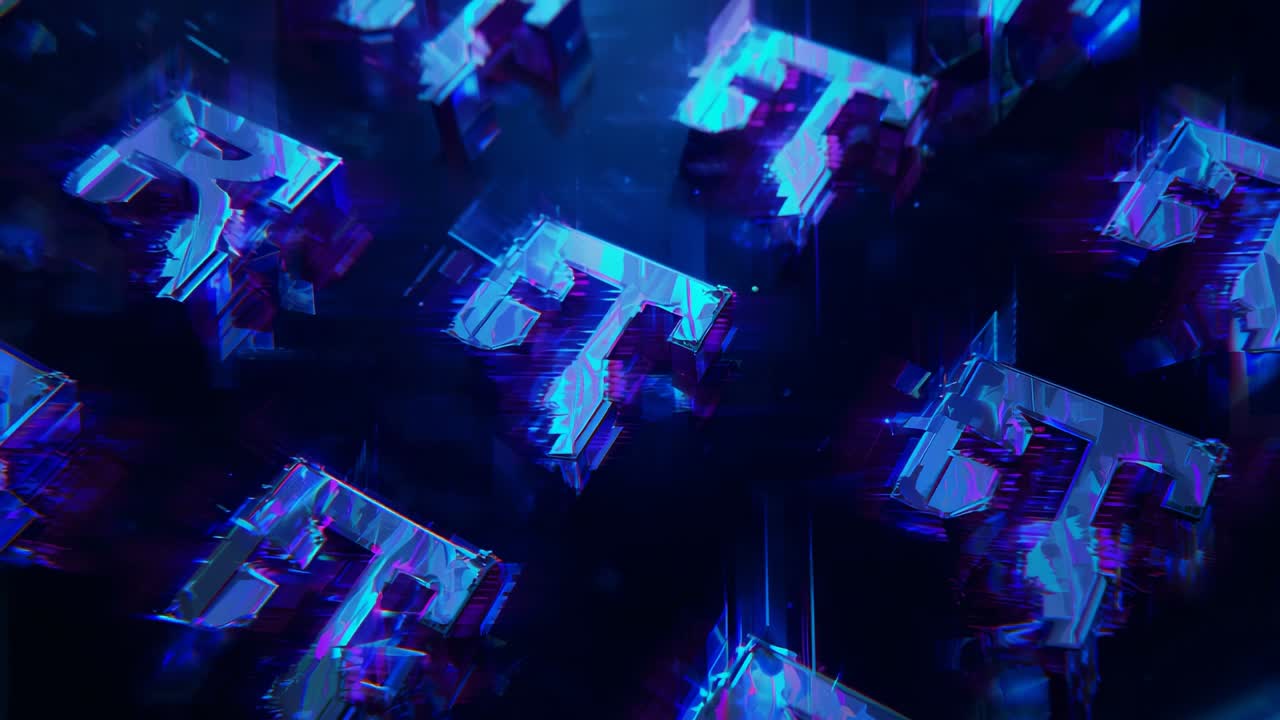 3D letter F shapes emerging and rotating in digital void, with glitch lines and light streaks