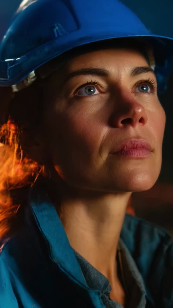 Determined Worker in Safety Gear Gazes Upward, Reflecting Strength, Focus, and Commitment in a Challenging Environment of Construction and Industry