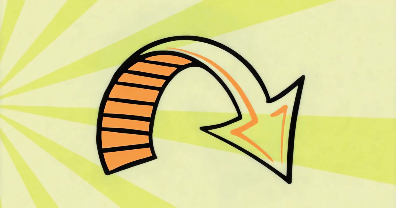 Curved arrow waiting one second then radial rays bursting behind highlighting arrow before fading
