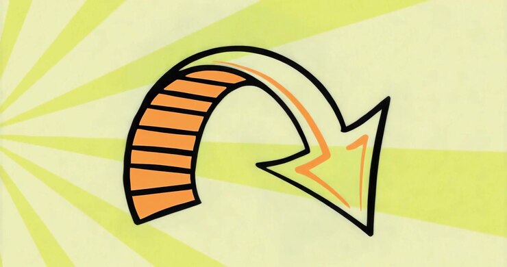 Curved arrow waiting one second then radial rays bursting behind highlighting arrow before fading