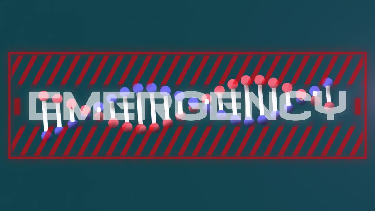 pancarta de texto de emergencia sobre la estructura del adn girando y onda digital púrpura sobre fondo verde