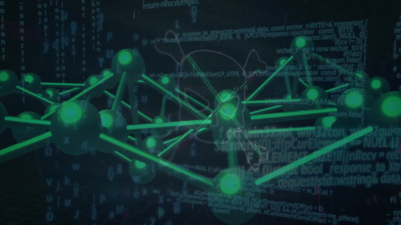 Code flowing around green 3D lattice rotating and revealing skull hazard to visualize security risk