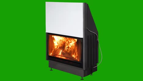 burning modern fireplace isolated on green screen. chroma key background