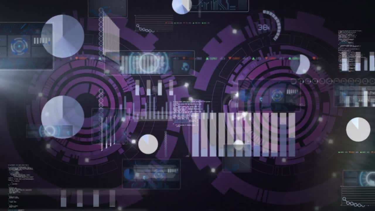 animación de datos con gráficos de procesamiento con cascos púrpuras en la interfaz digital