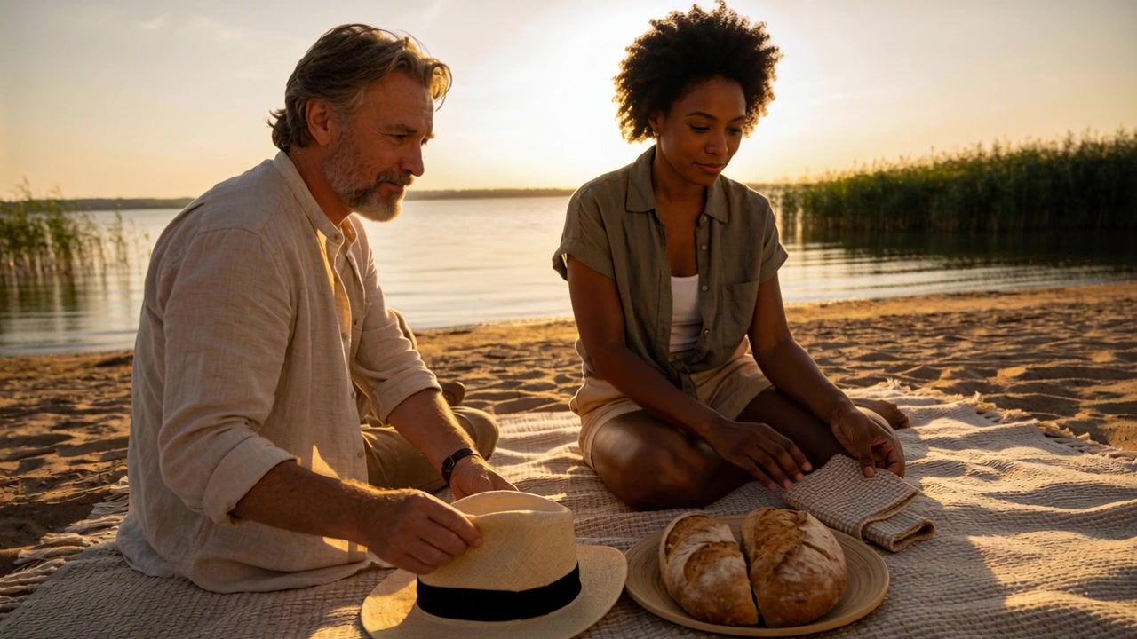 Reaching woman and mature man arranging picnic at lake, placing bread and hat, preparing to share