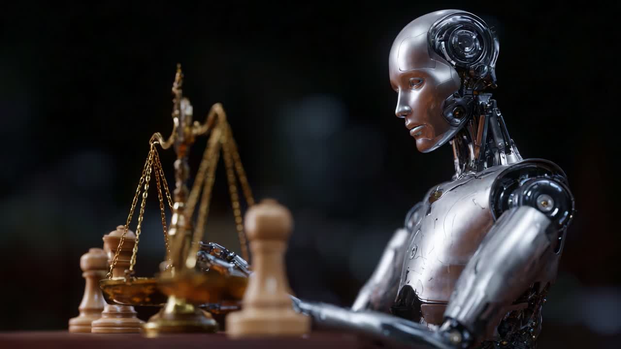 Un robot futuristico che contempla la giustizia, bilanciando bilance e pezzi degli scacchi, incarnando l'intersezione tra tecnologia ed etica nel perseguimento dell'equità