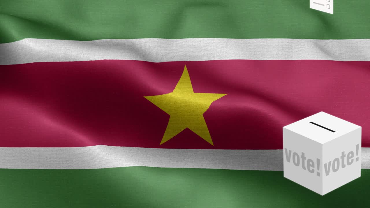 투표용지는 수리남 선택을 위해 상자에 날아갑니다. - 발 앞의 투표용지. - 선거. - 투표. - 수리남의 발. - 수里남 발 높은 세부 사항. - 국가 발 수리남 파동 패턴. - 루프 가능한 요소. - 직물 질감과 끝없는 루프.