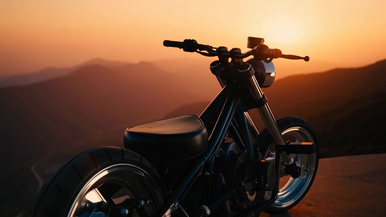 Una motocicletta nera personalizzata è parcheggiata in primo piano a destra, angolata verso l'osservatore con ruote, manubrio, sella e dettagli cromati visibili. Caldo tramonto