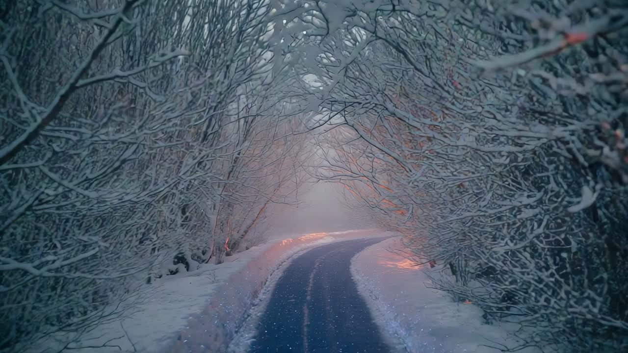 Moving along winding snow road under bare trees, drifting snowflakes and warm glow, misty clearing