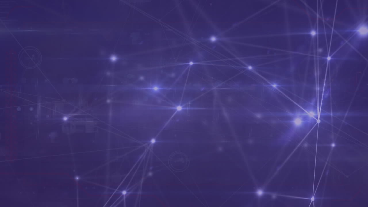 animación de una red brillante de conexiones y procesamiento de datos contra un fondo azul.
