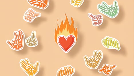 flaming heart with hand gestures and love symbols