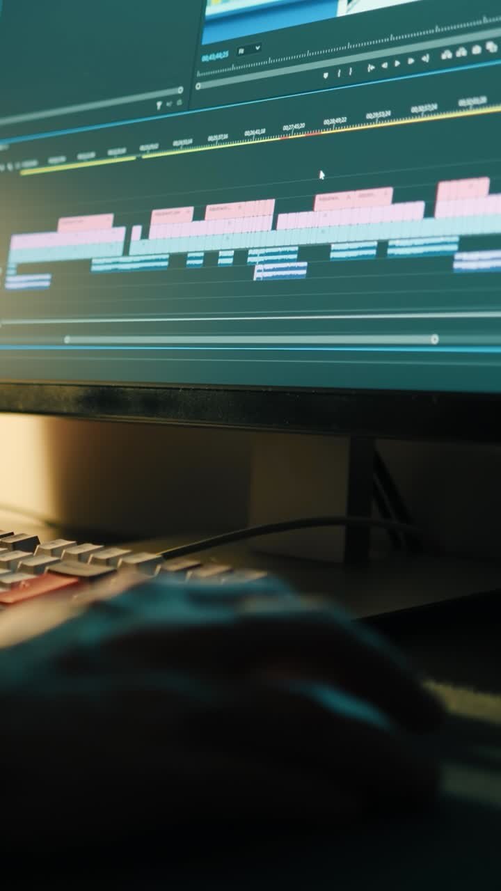 Montaggio video. Uomo che scorre una timeline in Premiere Pro