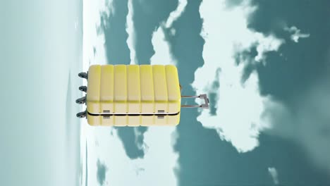 yellow suitcase, 3d render, animation, cloudy sky timelapse, travel, holiday background, vertical