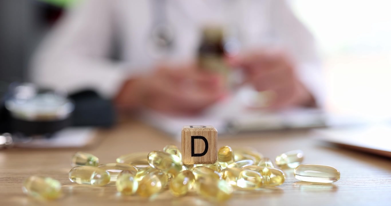 Capsule gialle di vitamina D in primo piano con messa a fuoco selettiva.