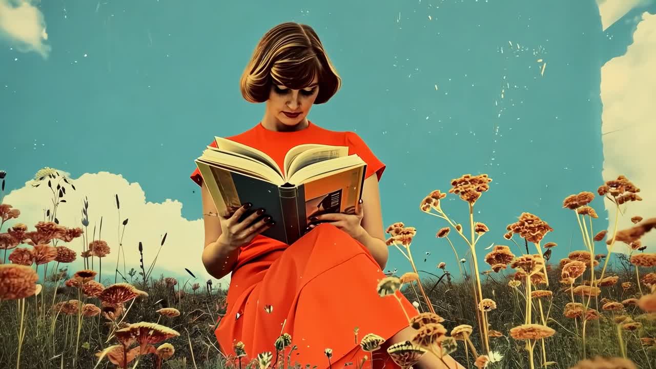 A retro-style video still of a woman reading in a field of flowers, captured from a low angle